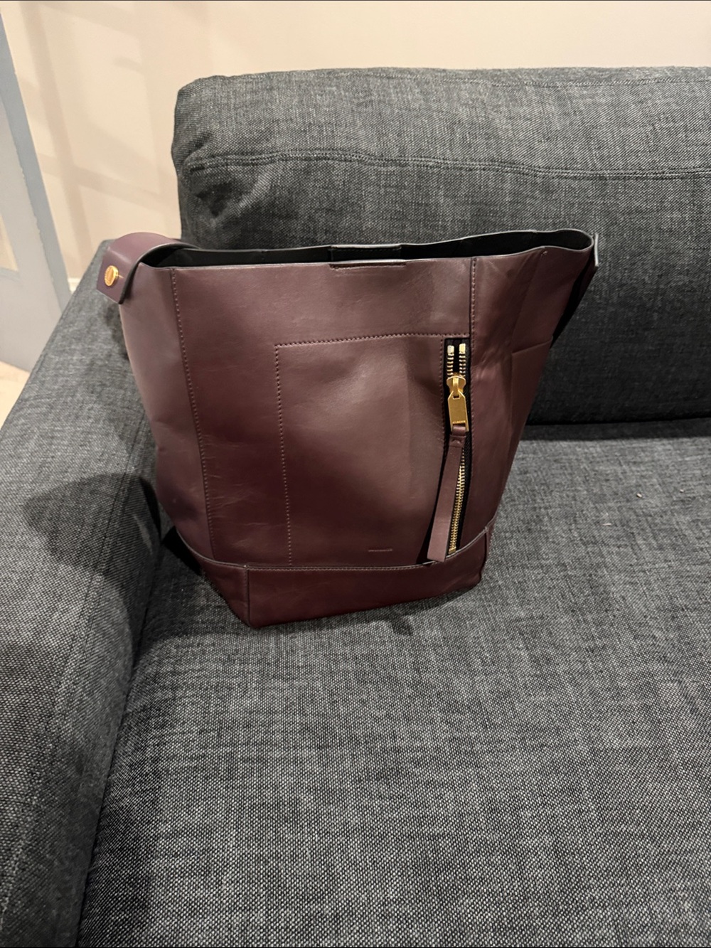 AllSaints Burgundy Leather Hobo with Gold Zip Accent